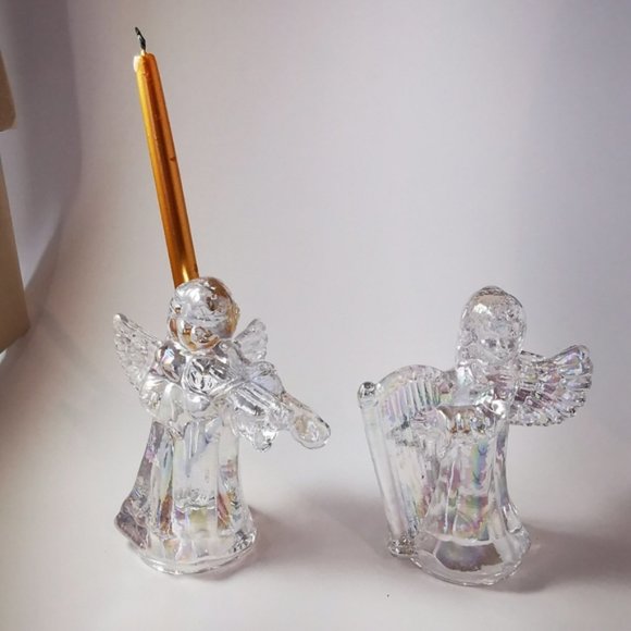 Pair of Iridescent Glass Angels Cherubs Playing Instruments Candle Holders - Picture 11 of 16